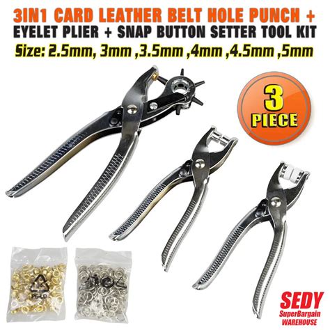 3 Pieces 3in1 Card Leather Belt Hole Punch Eyelet Plier Snap Button