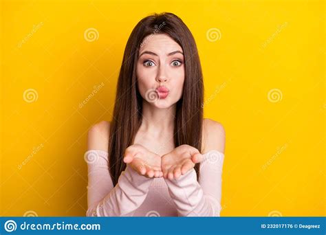 Photo Of Optimistic Brunette Lady Blow Kiss Wear Pink Shirt Isolated On