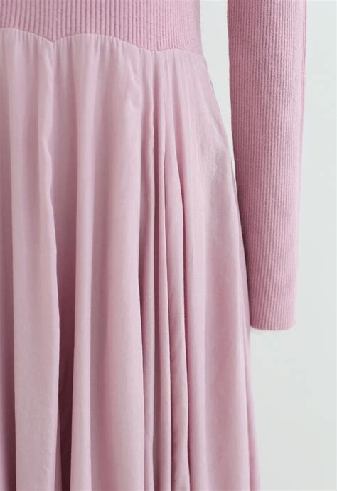 Knit Spliced Long Sleeves Maxi Dress In Pink Retro Indie And Unique