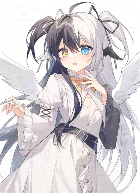 Safebooru 1girl Angel Wings Black Hair Blue Eyes Dress Head Wings