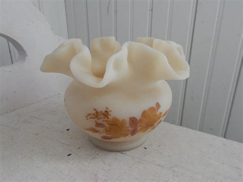 Fenton Custard Glass Ruffled Vase With Hand Painted Flowers Etsy