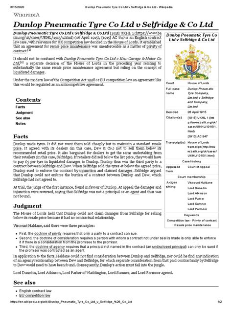 1915 Ec 38 Dunlop Pneumatic Tyre Co Ltd V Selfridge And Co Ltd Privity