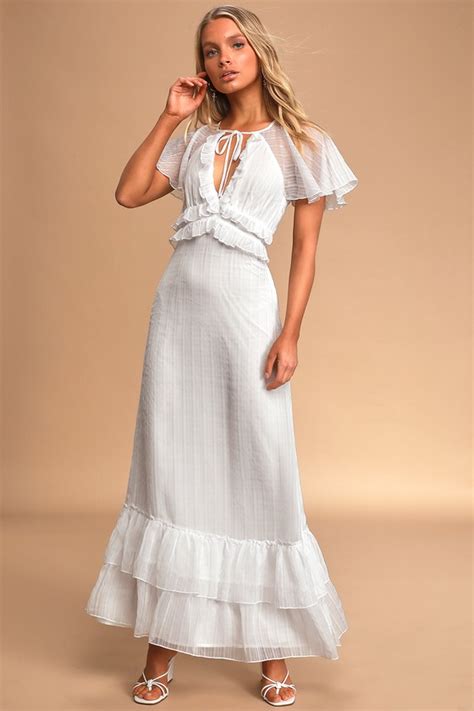 White Plaid Dress Ruffled Maxi Dress Short Sleeve Maxi Dress Lulus