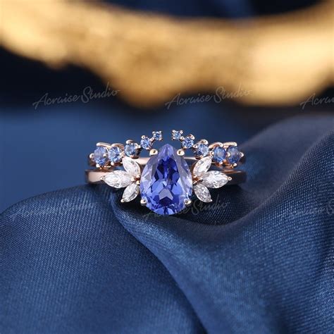 Vintage Cornflower Sapphire Engagement Ring Set Women Rose Gold Pear