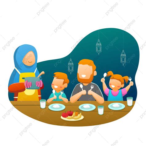 Ilustrasi Keluarga Muslim Sahur Berbuka Puasa Ibu Ayah Anak Anak