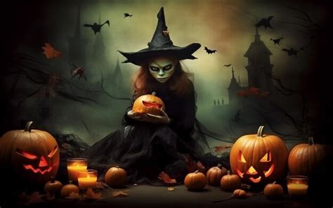 Premium AI Image | A halloween scene with a witch wearing a hat and holding a pumpkin.