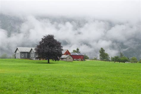 Landscape With Norwegian Farm On A Rainy Day Stock Image Image Of