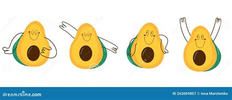 Set Avocado With Face Emotions Hands And Legs Stock Vector