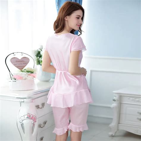 Silk Satin Pyjamas Women Summer Pink Sleepwear Solid Color Twinset