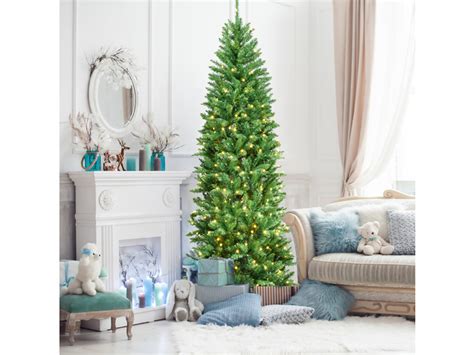 Costway 7ft Pre Lit Artificial Pencil Christmas Tree Hinged Fir Pvc