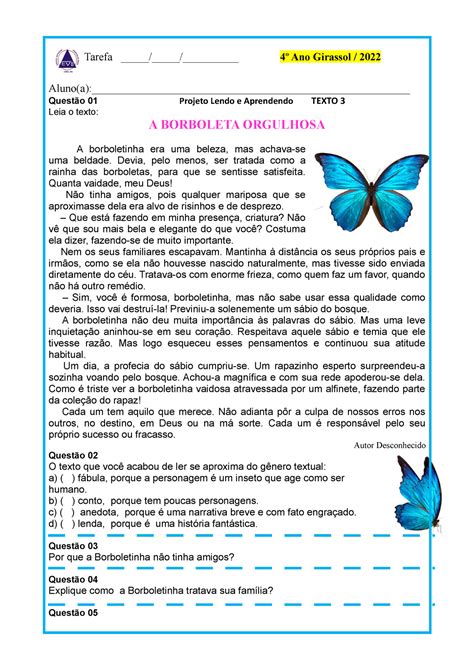 A Borboleta Orgulhosa Texto Para Discutir Tarefa