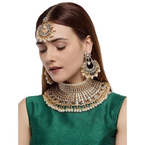 Zaveri Pearls Gold Tone Kundan And Pearls Bridal Choker Necklace Earring And Maangtikka Set