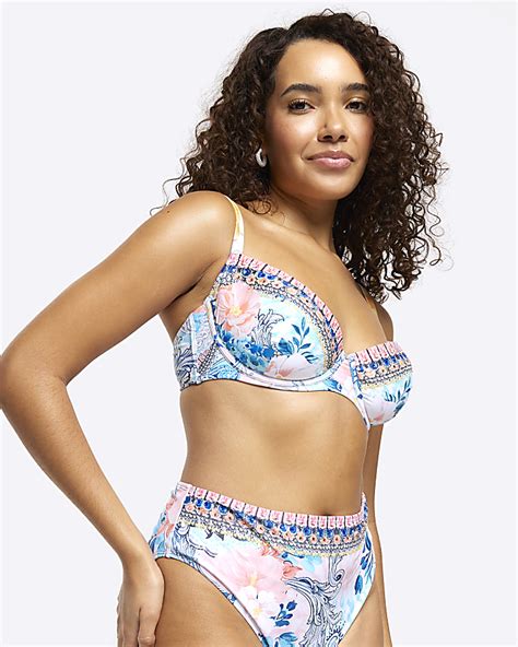 Blue Fuller Bust Embellished Bikini Top River Island