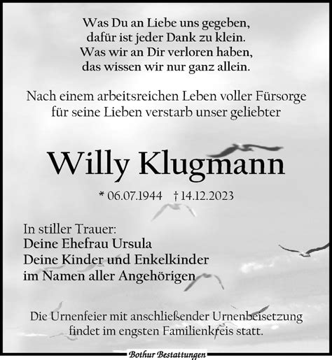 Traueranzeigen Von Willy Klugmann Trauer Anzeigen De