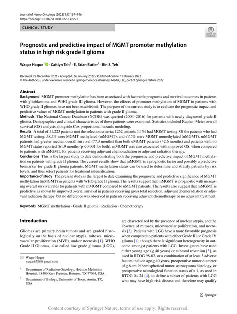 Prognostic And Predictive Impact Of Mgmt Promoter Methylation Status In