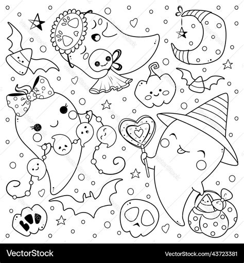 Kawaii Ghosts For Halloween Coloring Page Vector Image