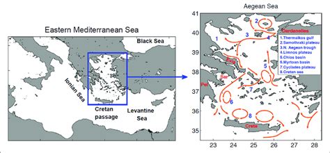 Map Of The Aegean Sea Numbers 1 To 8 Denote Major Basins Gulfs And