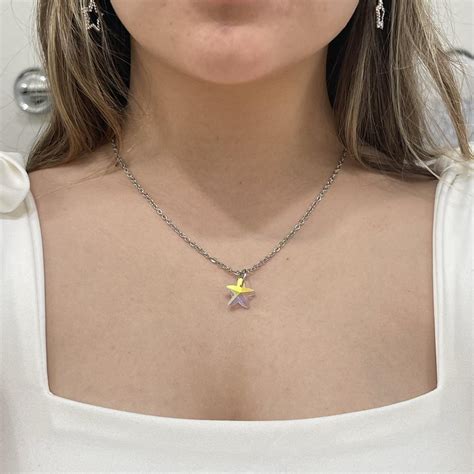 iridescent crystal star pendant necklace... - Depop