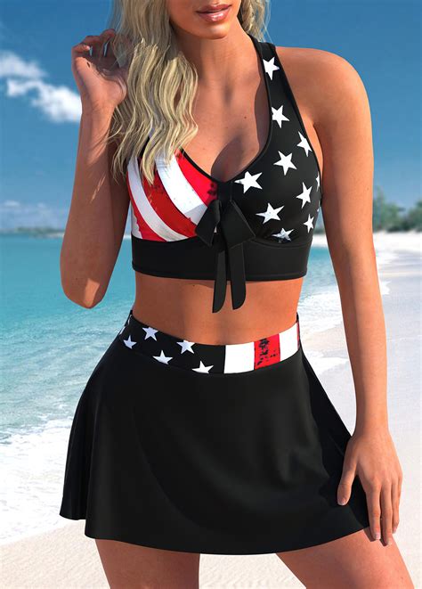 High Waisted Cross Strap American Flag Print Bikini Set Rosewe