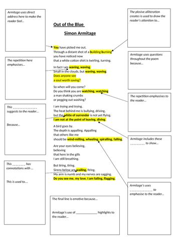 Out of the Blue by Simon Armitage analysis sheet | Teaching Resources