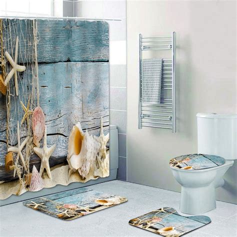 4 Piece Ocean Beach Shower Curtain Sets Tropical Sea Beach Seashell