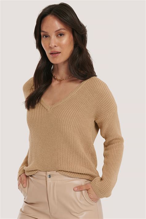 Deep Front V Neck Knitted Sweater Beige Na