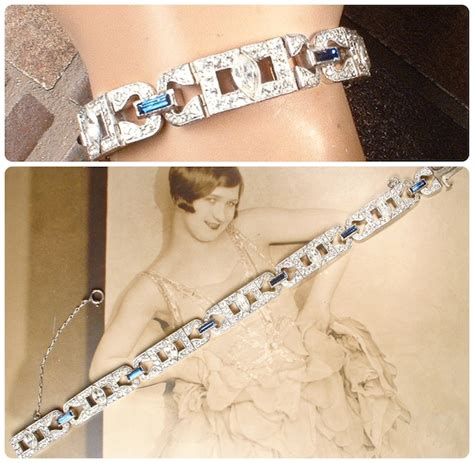 ANTIQUE Art Deco Navy Sapphire Blue Rhinestone Bracel Gem