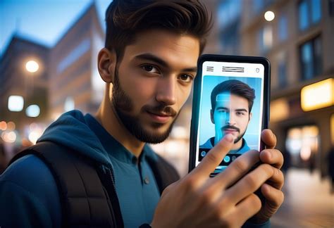 Young Man Using Facial Recognition Technology With Mobile Phone