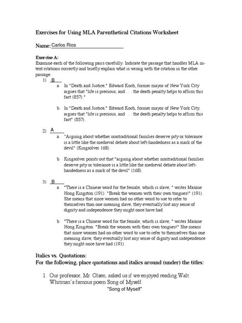 Exercises For Using MLA Parenthetical Citations Worksheet Name | PDF ...