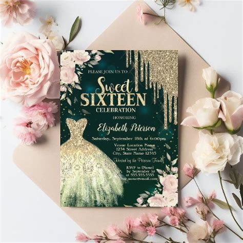 Gold Glitter Drips Dress Floral Green Sweet Invitation Zazzle