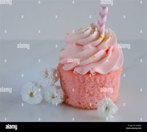 Pink Cupcake With Pink Frosting And White Flowers Stock Photo Alamy