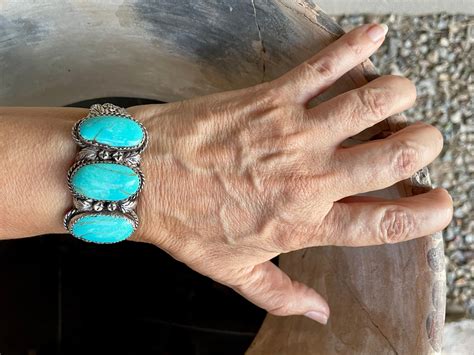 Vintage Three Stone Turquoise Row Bracelet Size For Very Small