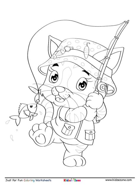 Tiger gone fishing cartoon Coloring Page - KidzeZone