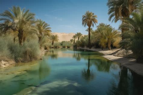 Premium Ai Image Desert Mirage Of Lush Oasis With Palm Trees And