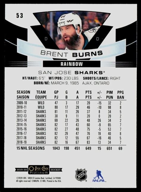 O Pee Chee Platinum Rainbow Brent Burns San Jose Sharks Ebay