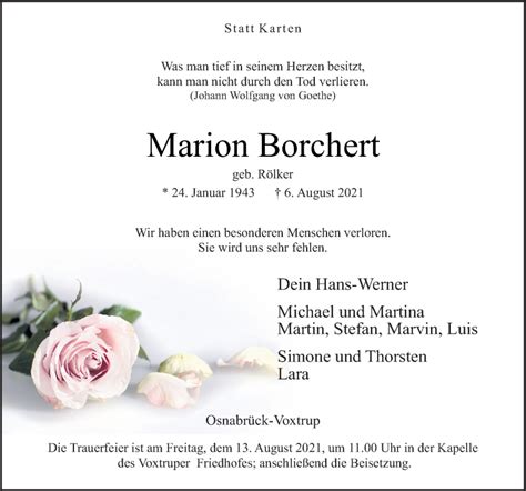 Traueranzeigen Von Marion Borchert Noz Trauerportal