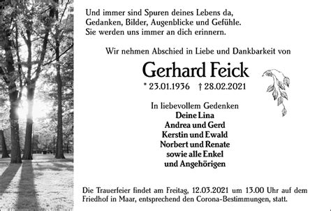 Traueranzeigen Von Gerhard Feick Vrm Trauer De