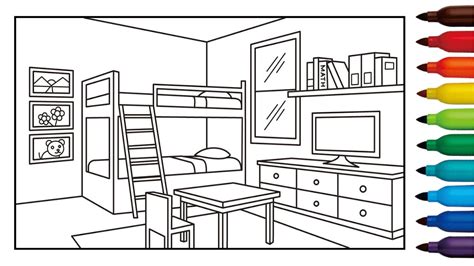 How to draw and color a bedroom for kids - YouTube