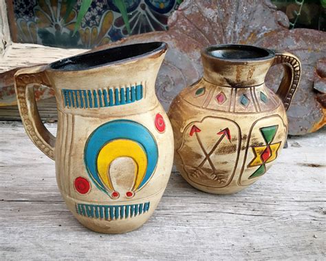 Two Vintage Tourist Pottery Pitcher Vases Colorful Painted Aztec Style