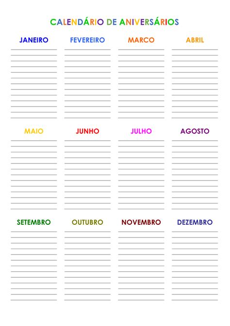 Calendário De Aniversários Calendarios365su