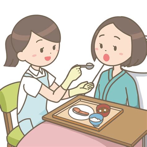 看護師が椅子に座り、ベッド上で座位になっている患者さんの食事介助をしているイラスト🎨【フリー素材】｜看護roo カンゴルー