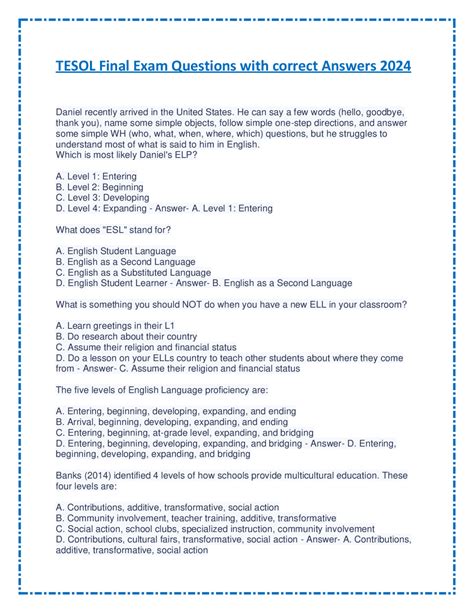 Tesol Final Exam Questions With Correct Answers Exams Nursing