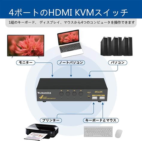 Hdmi Kvmスイッチ 4ポートpc切替器hdmi 4k60hz 4pc共有キーボードとマウス ホットキー切替 Usbハブ付け