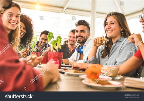 Friends Group Drinking Cappuccino Coffee Bar Stock Photo 768470422