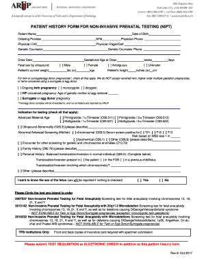 2017 ARUP Laboratories Patient History Form For Non Invasive Prenatal