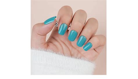 Short Press On Nails Square Blue Glossy Acrylic Fake Nails Natural，24pcs False Nails With