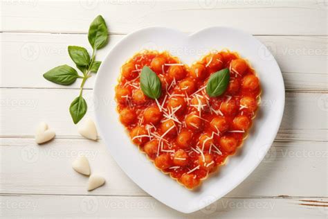 Heart Shaped Spaghetti With Tomato Sauce And Parmesan Cheeses On White