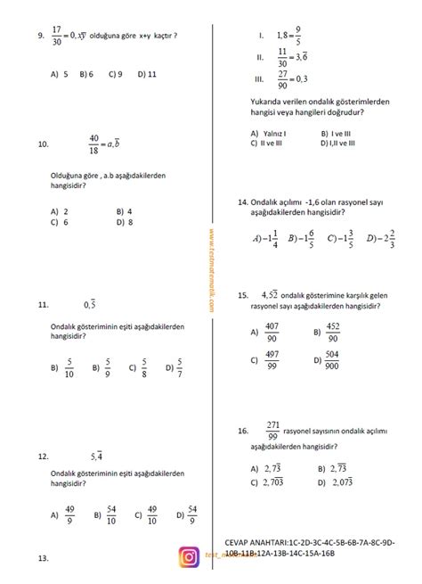 Sinif Rasyonel Sayilarin Ondalik G Ster M Test Test Matematik