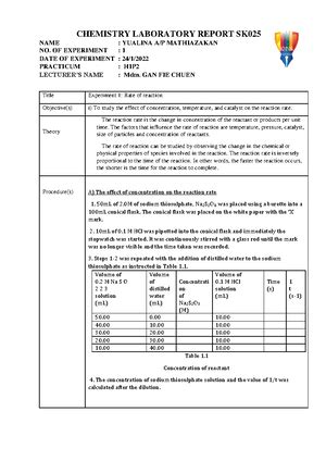 Lab Report Exp Lab Report SK025 Session 2021 CHEMISTRY LAB REPORT SK