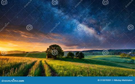 Majestic Night Sky Over Rural Landscape Stock Image Image Of Fields